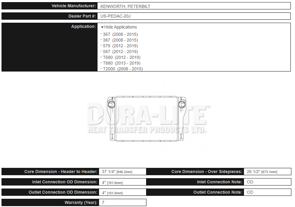 Dura-Lite Intercooler Peterbilt 579 (2012-2019)- 20J