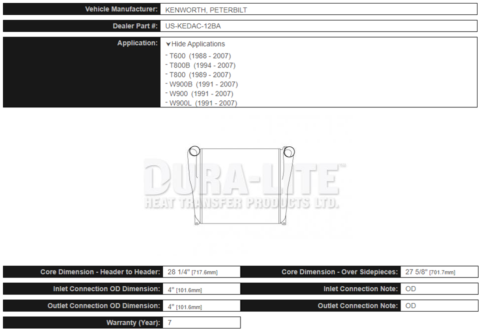 Dura-Lite Intercooler Kenworth W900 (1991-2007) - 12BA