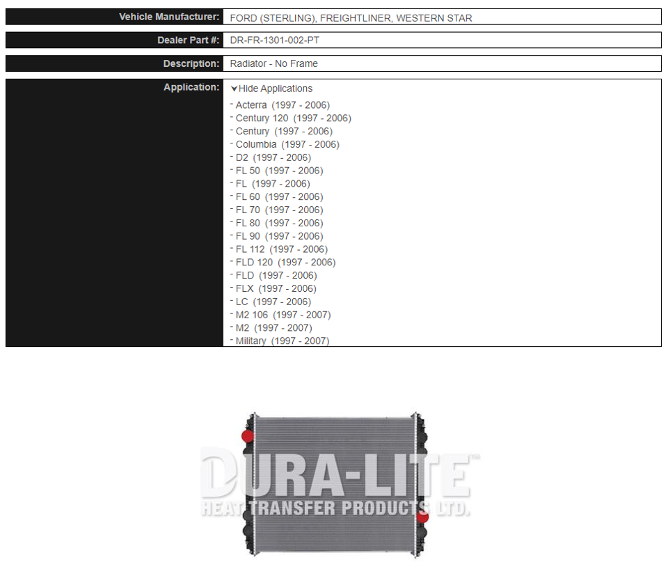 Dura-Lite Radiator FRTL 1997-2007 - No Frame