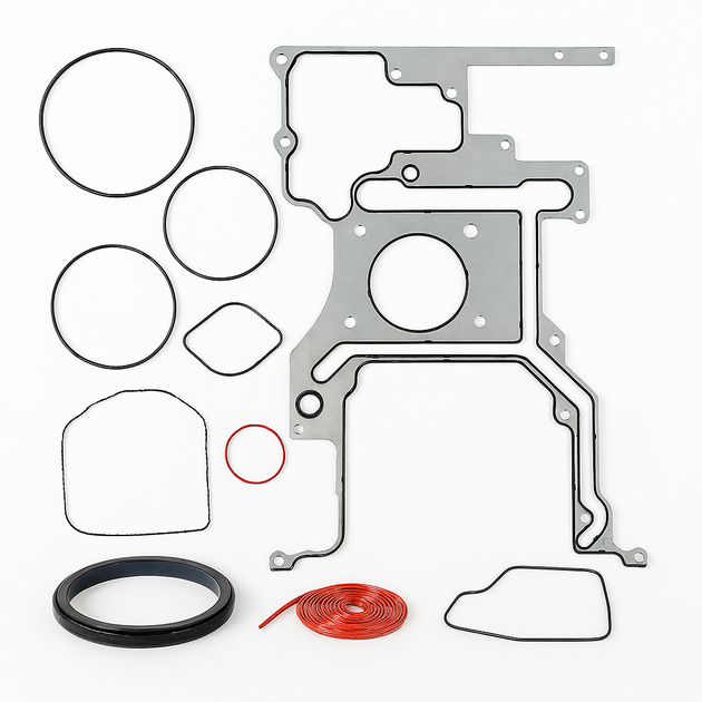 Complete front structure gasket set for Cummins ISX15 (132071). Includes front crank seal, timing gaskets, o-rings & more. Cross ref: 3766577, 2341866. In stock & ready to ship.