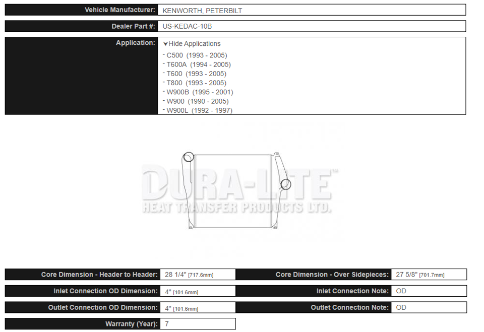 Dura-Lite Intercooler Kenworth W900B (1995-2001) - 10B