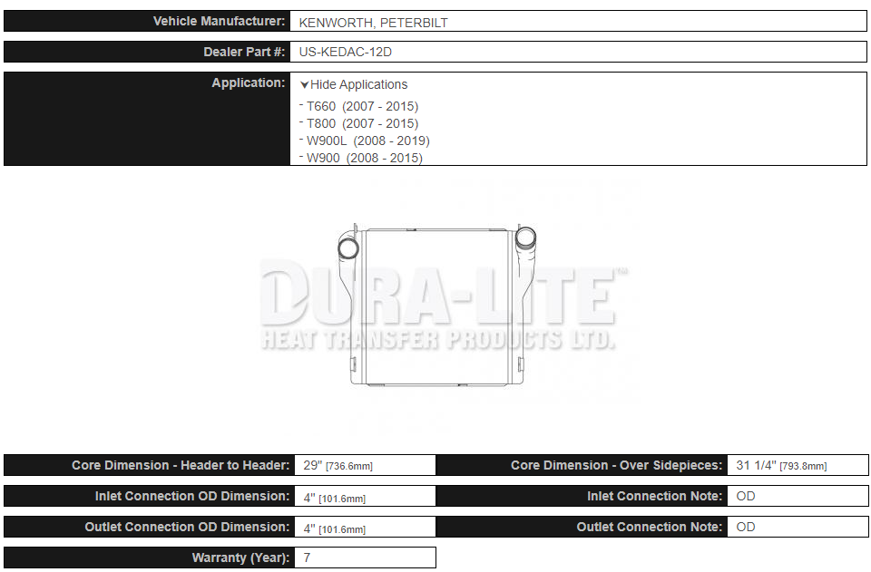 Dura-Lite Intercooler Kenworth W900L (2008-2019) KW - 12D