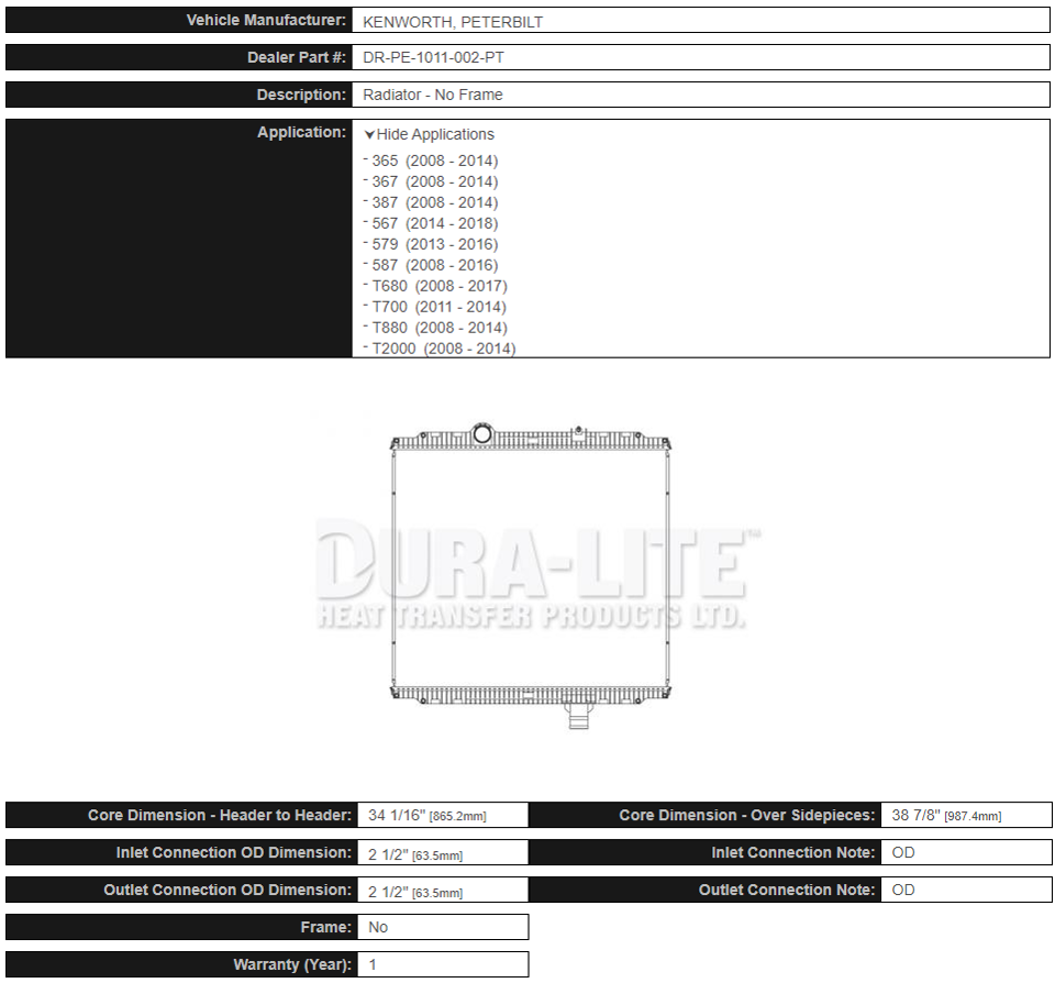 Dura-Lite Radiator PB/KW 2008-2018 - No Frame