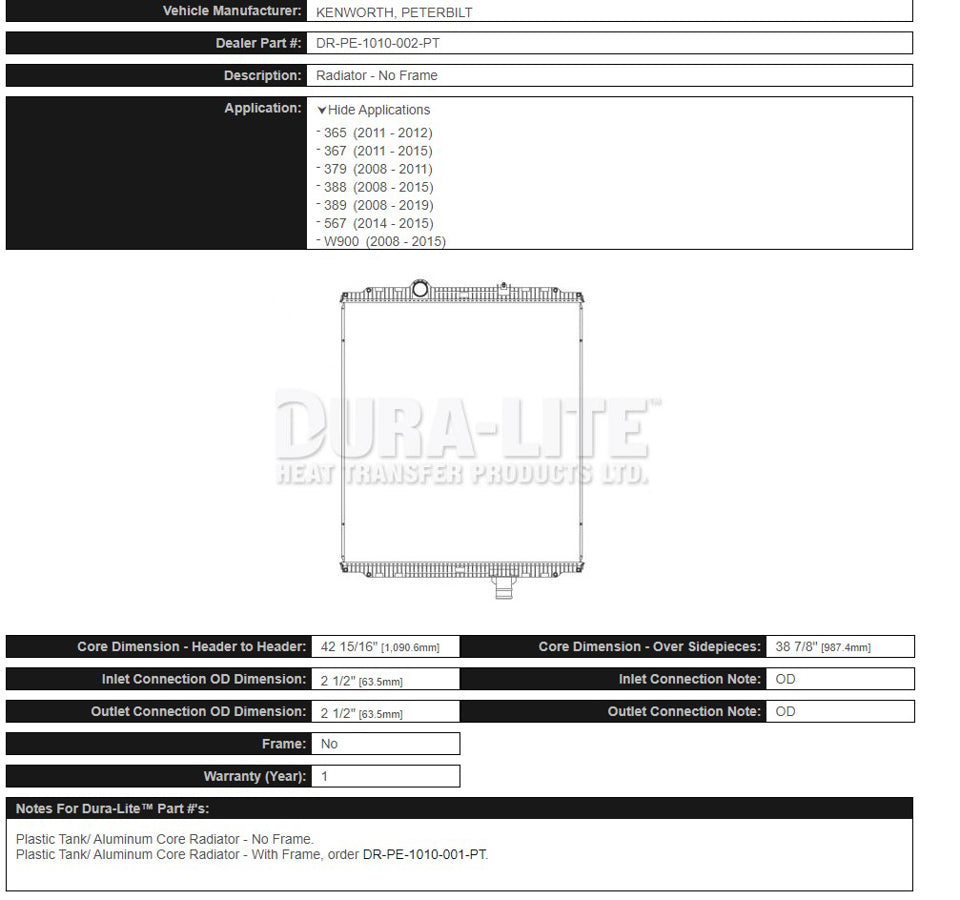 Dura-Lite Radiator PB 2008-2015 - No Frame