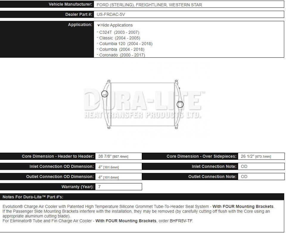 Dura-Lite Intercooler Freightliner Classic (2004-2005) - 5V