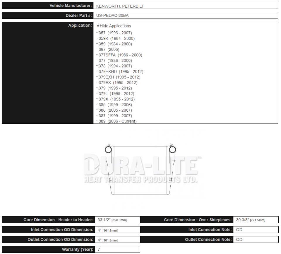 Dura-Lite Intercooler Peterbilt 389/379 - 20BA