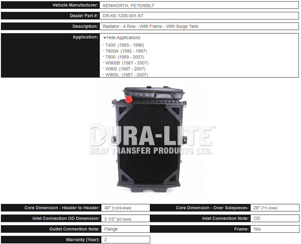 Dura-Lite Radiator KW 1987-2007 W/Tank